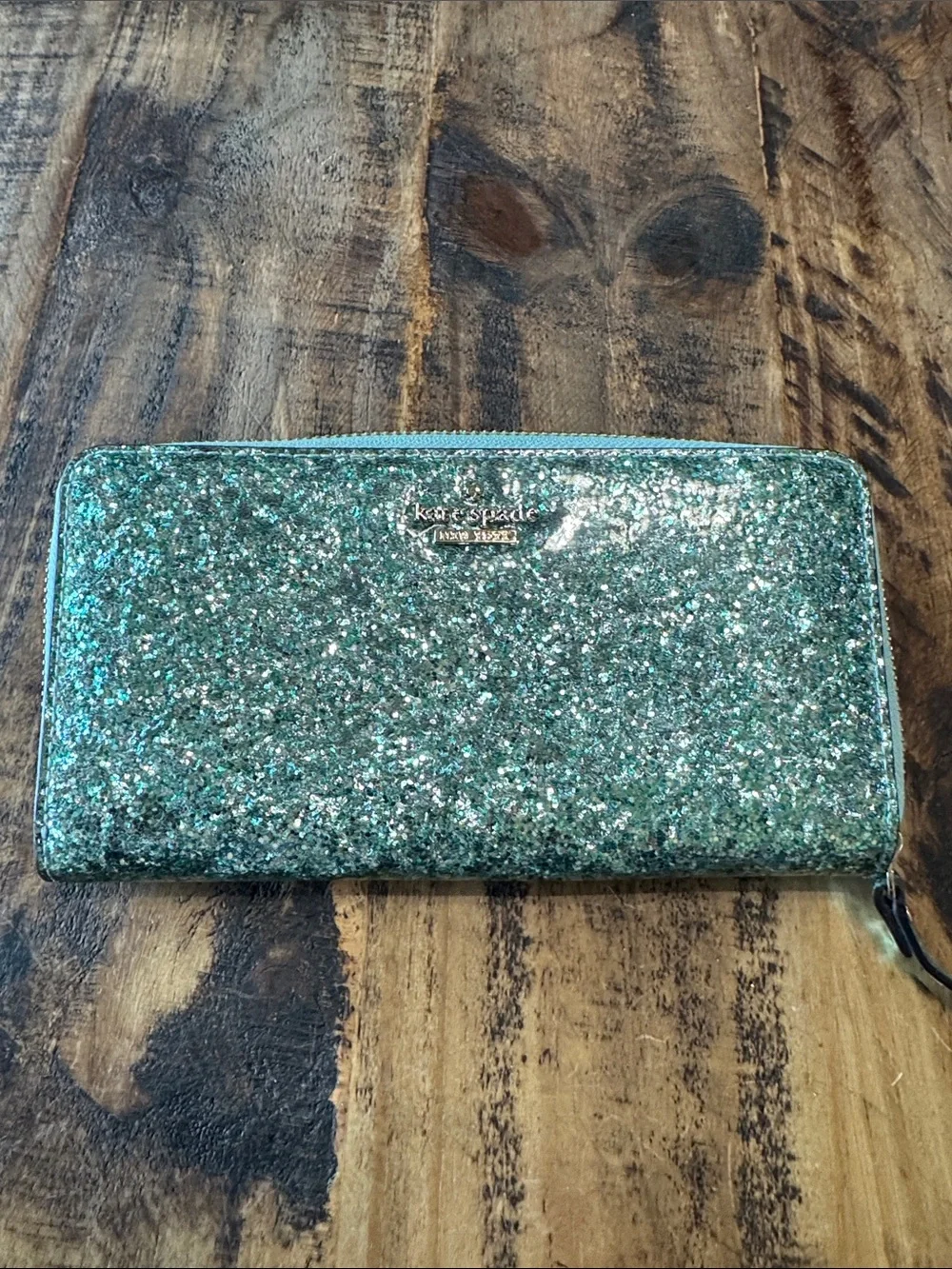 kate spade glitter zip-around wallet - teal